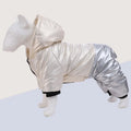 Green waterproof dog winter coat with four-leg design on medium-sized dog
