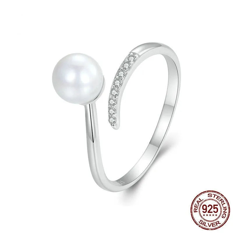 Sterling silver adjustable open loop ring with shell pearls centrepiece, S925 silver construction