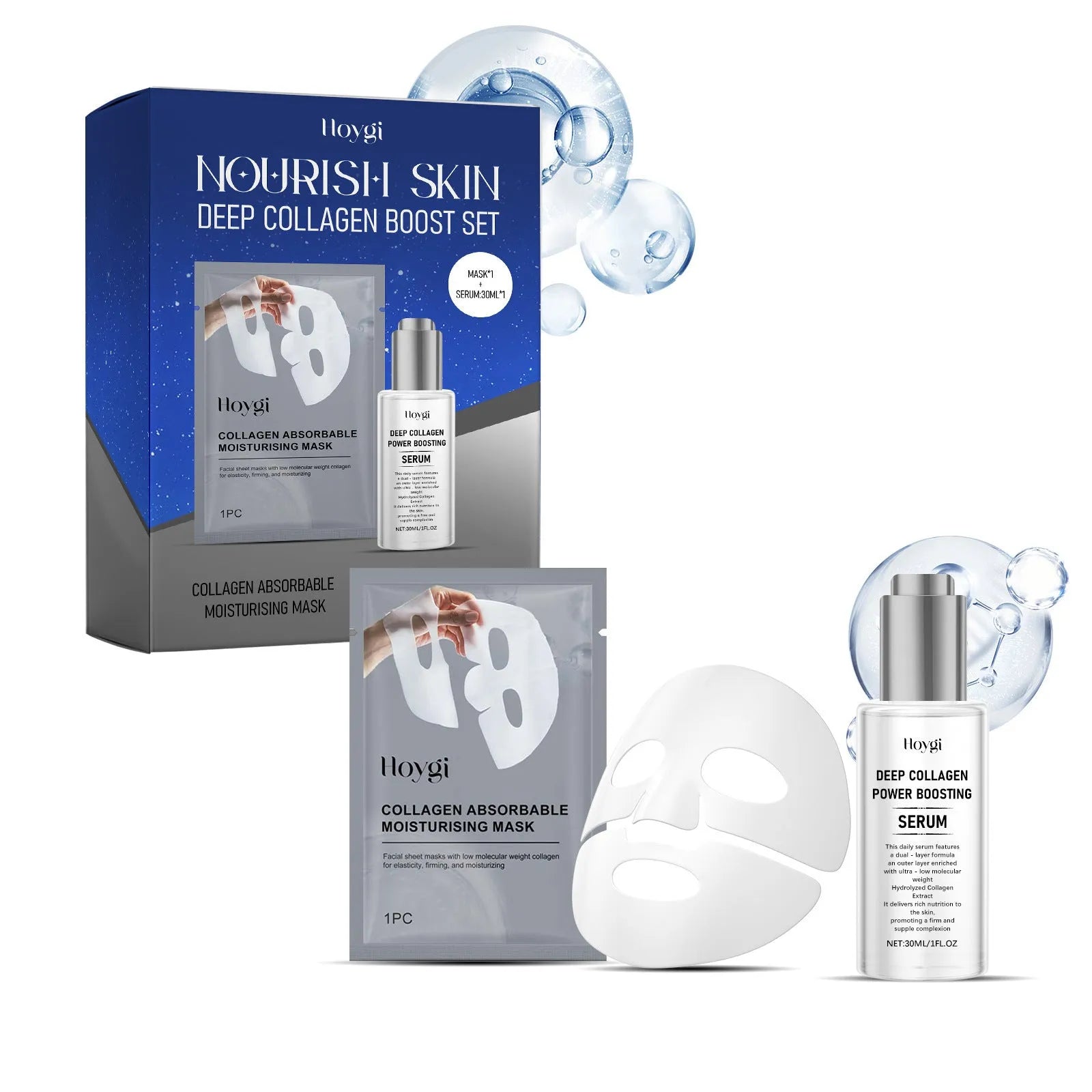 Collagen moisturising facial mask and 30ml essence bottle skincare set.