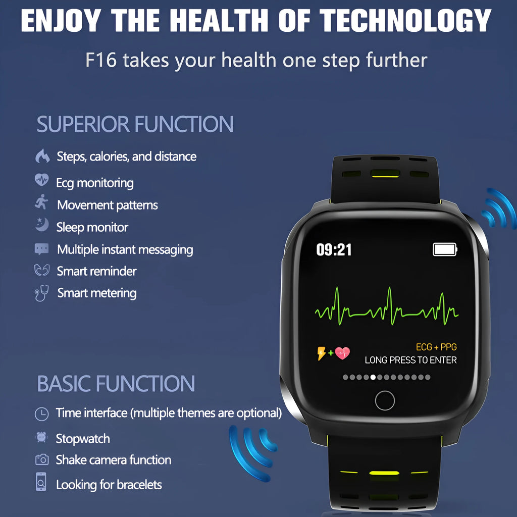 F16 Smart Watch with ECG monitor on wrist, showing black grey colour option with IPS touch screen.
