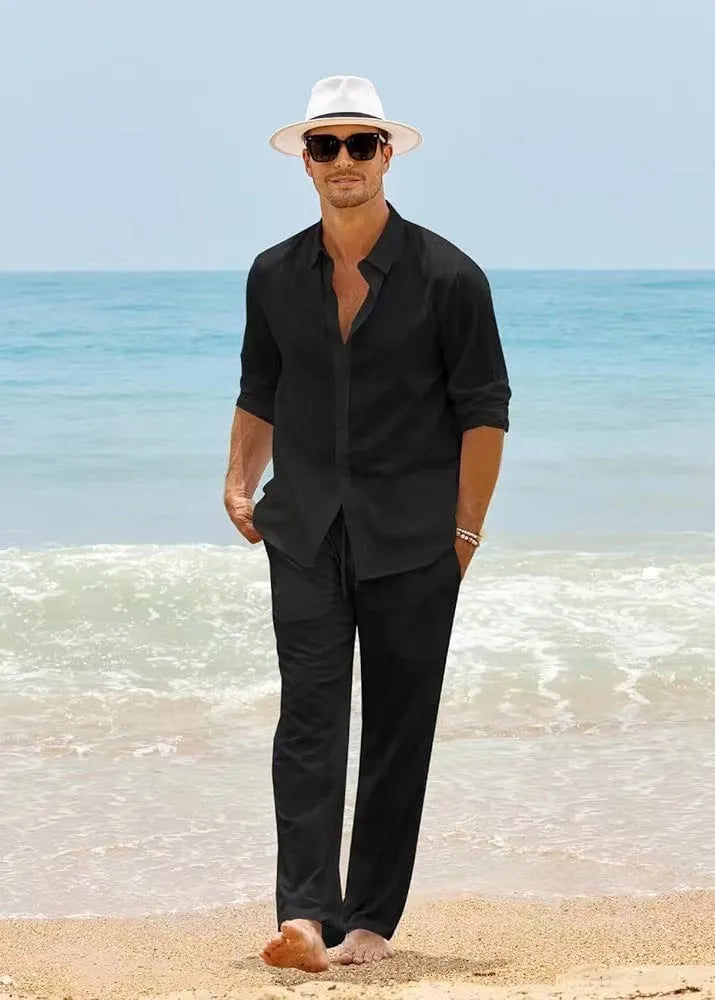 Men's cotton casual set with long-sleeved top and trousers in black white gray khaki sky blue sizes S to XXXL