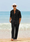 Men's cotton casual set with long-sleeved top and trousers in black white gray khaki sky blue sizes S to XXXL