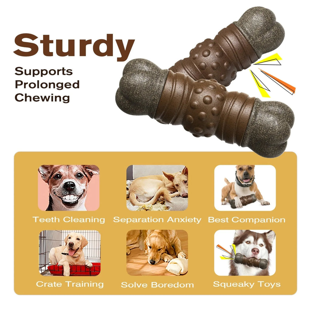 Wood colour plastic dog toothbrush toy with sounding bone design and textured molar rod surface