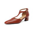 Wine red women's square toe chunky heel shoes made from sheepskin leather with a buckle strap.