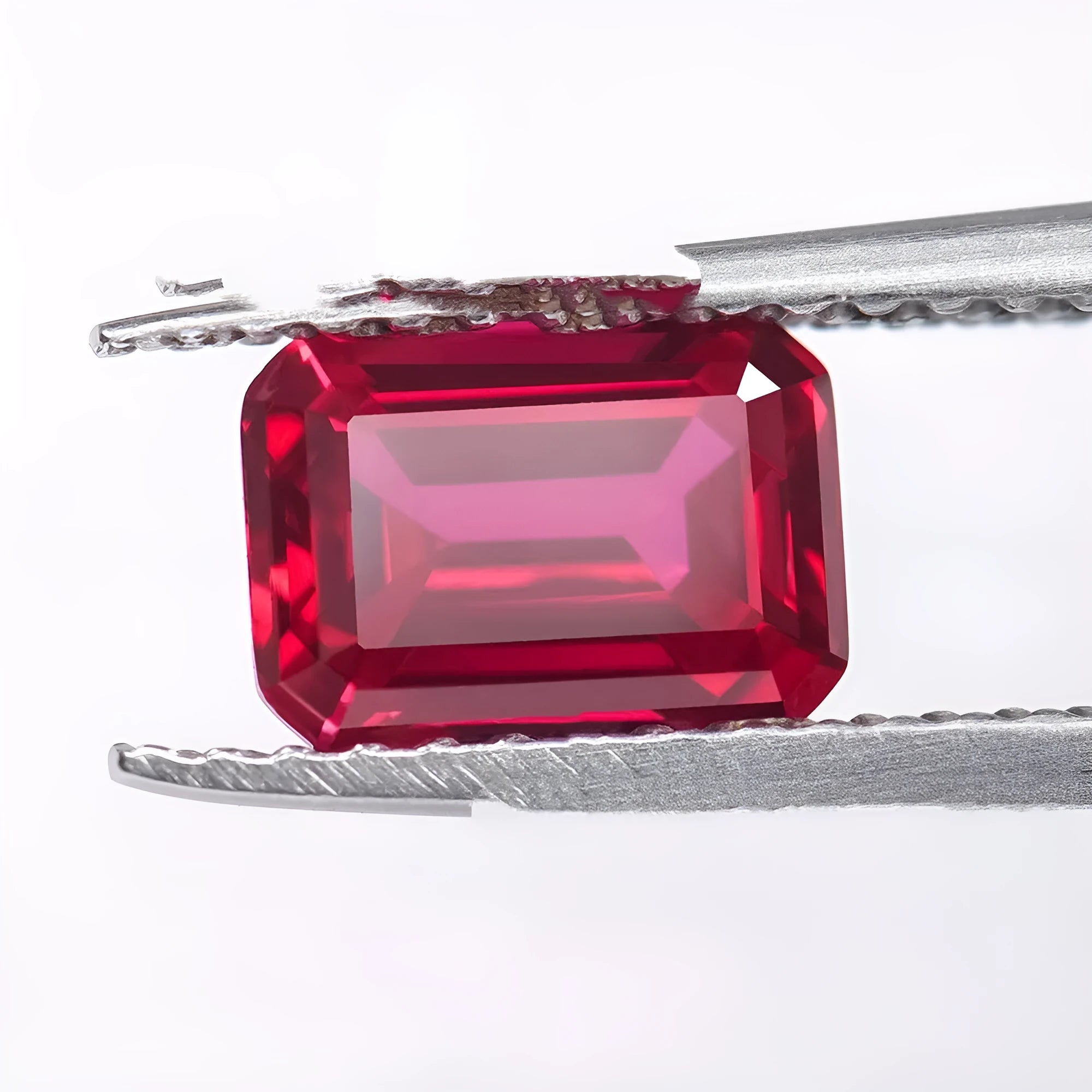 Lab-created ruby gemstone in egg, round, princess, water drop, grandmother, and Asche cuts.