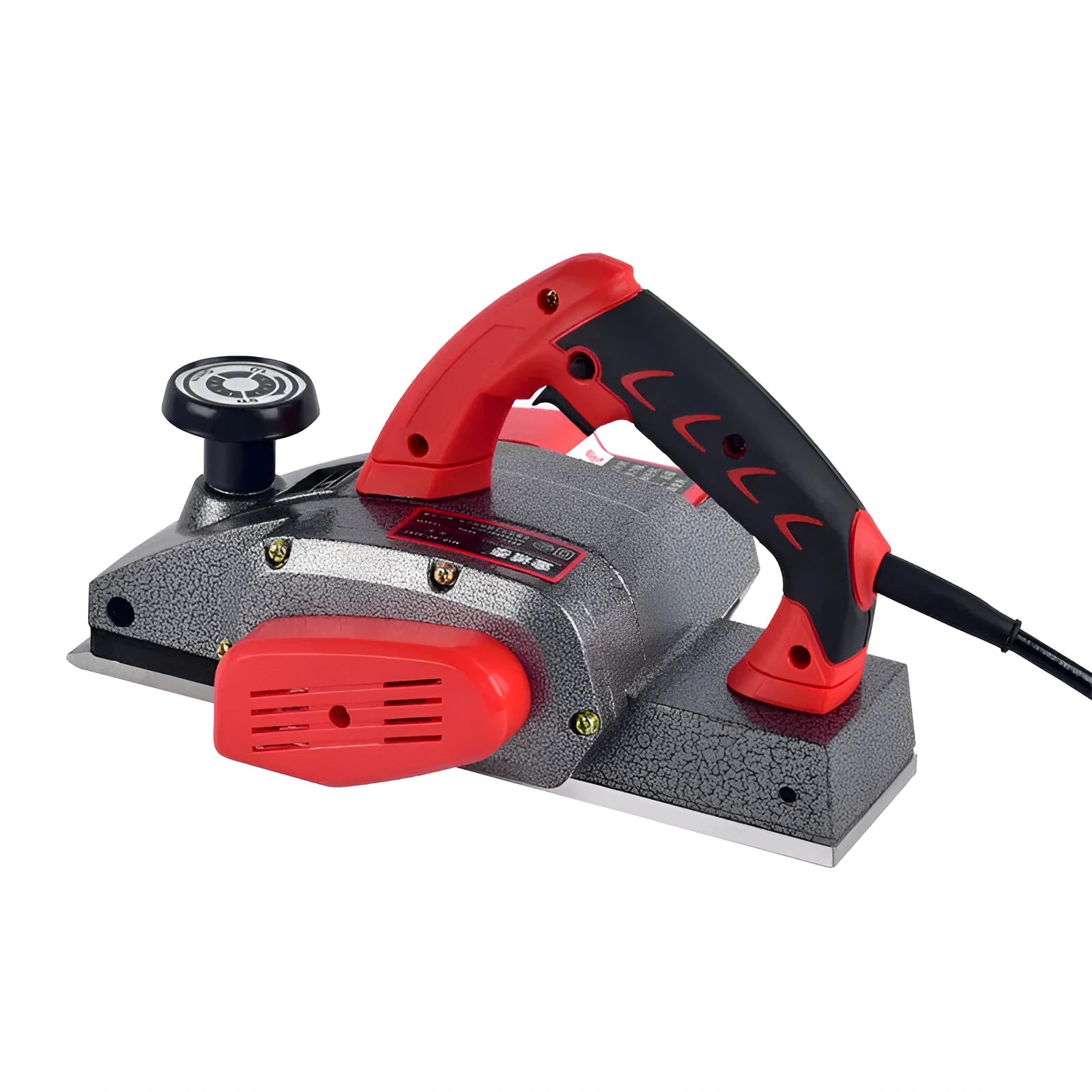 Red desktop electric wood planer with aluminium housing showing 82mm planing width