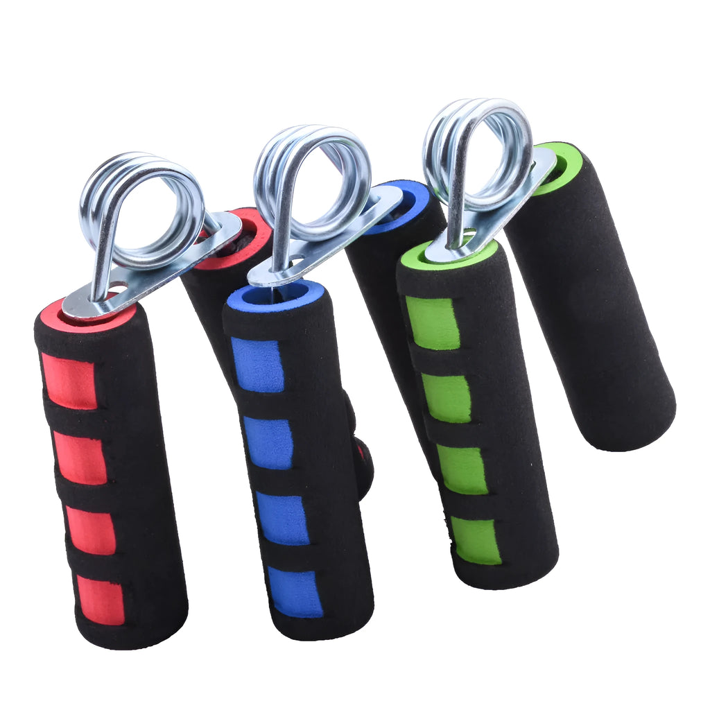 Hand training spring hand grip with black foam grip and steel springs on white background