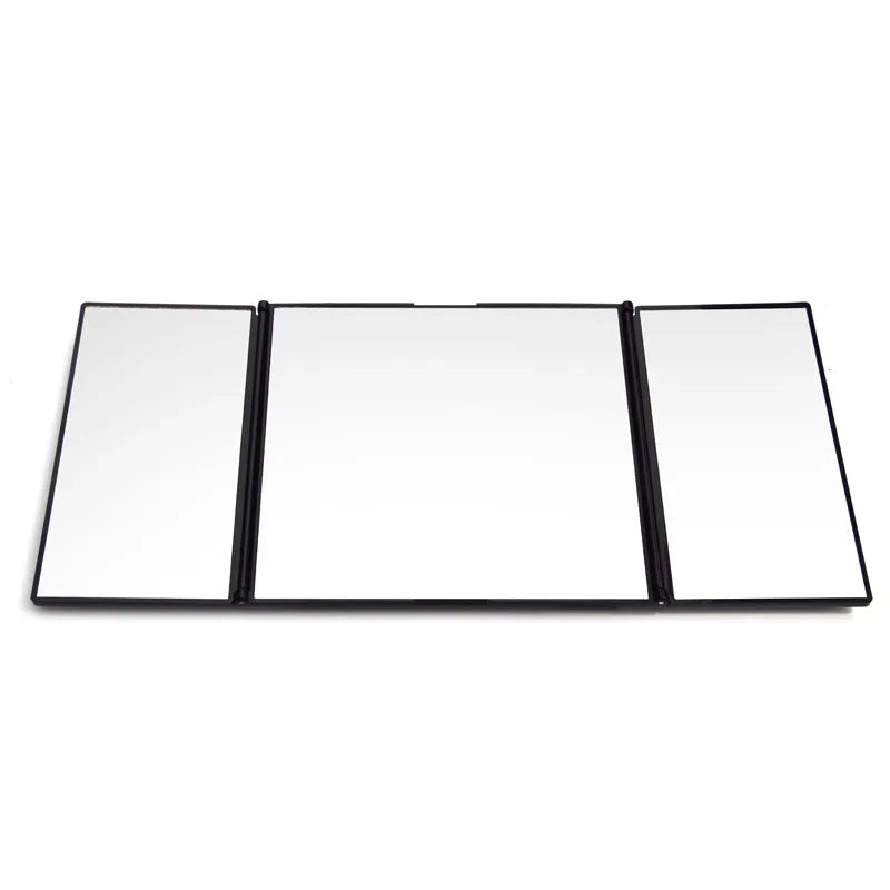 Silver car folding makeup mirror shown closed at 15.5x14cm and opened at 30.5x14cm.