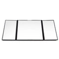 Silver car folding makeup mirror shown closed at 15.5x14cm and opened at 30.5x14cm.