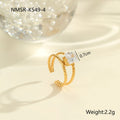 Gold electroplated stainless steel ring with zircon geometric designs and open mouth adjustable fitting