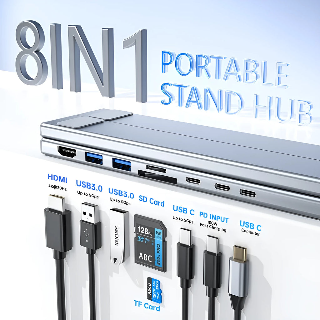 Aluminium alloy folding laptop docking station stand with multi-port HUB in 8-in-1 colour.