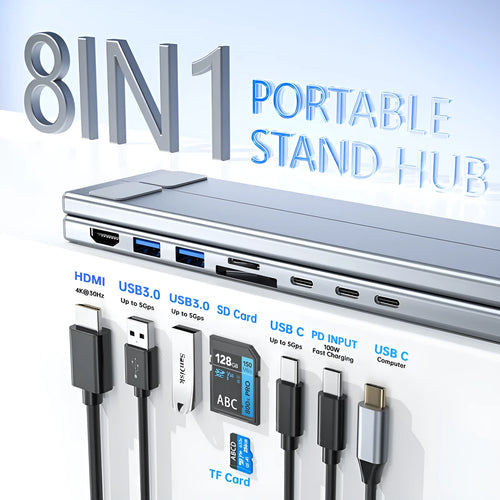 Aluminium alloy folding laptop docking station stand with multi-port HUB in 8-in-1 colour.