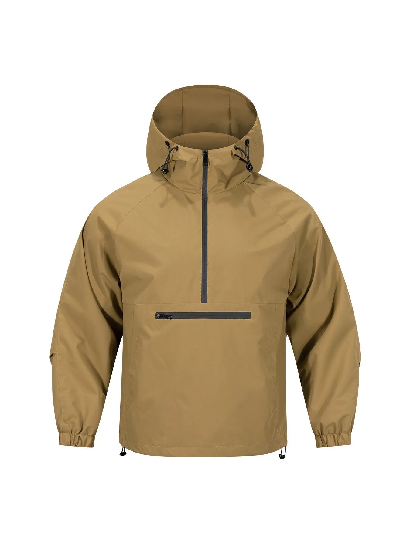 Man wearing a light grey loose half-zip hooded corduroy jacket with rabbit fur, Korean style.
