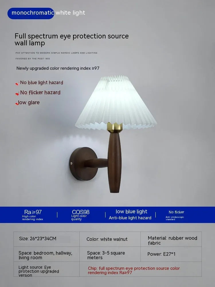 American retro walnut wood wall lamp with fabric shade and copper detailing