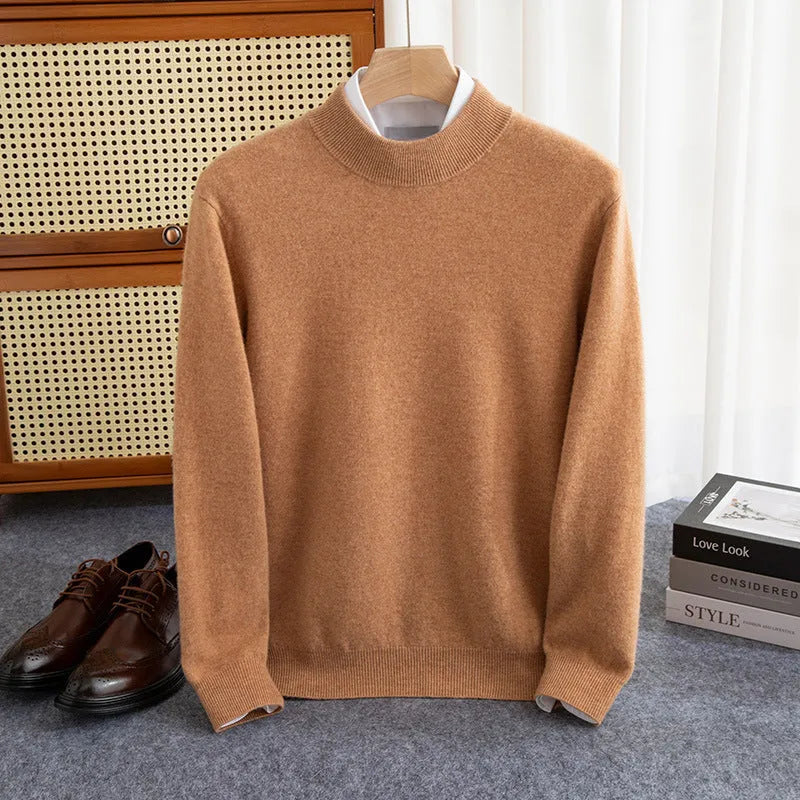 Man wearing a loose-fit half-collar wool sweater in a camel colour, suitable for winter casual wear.