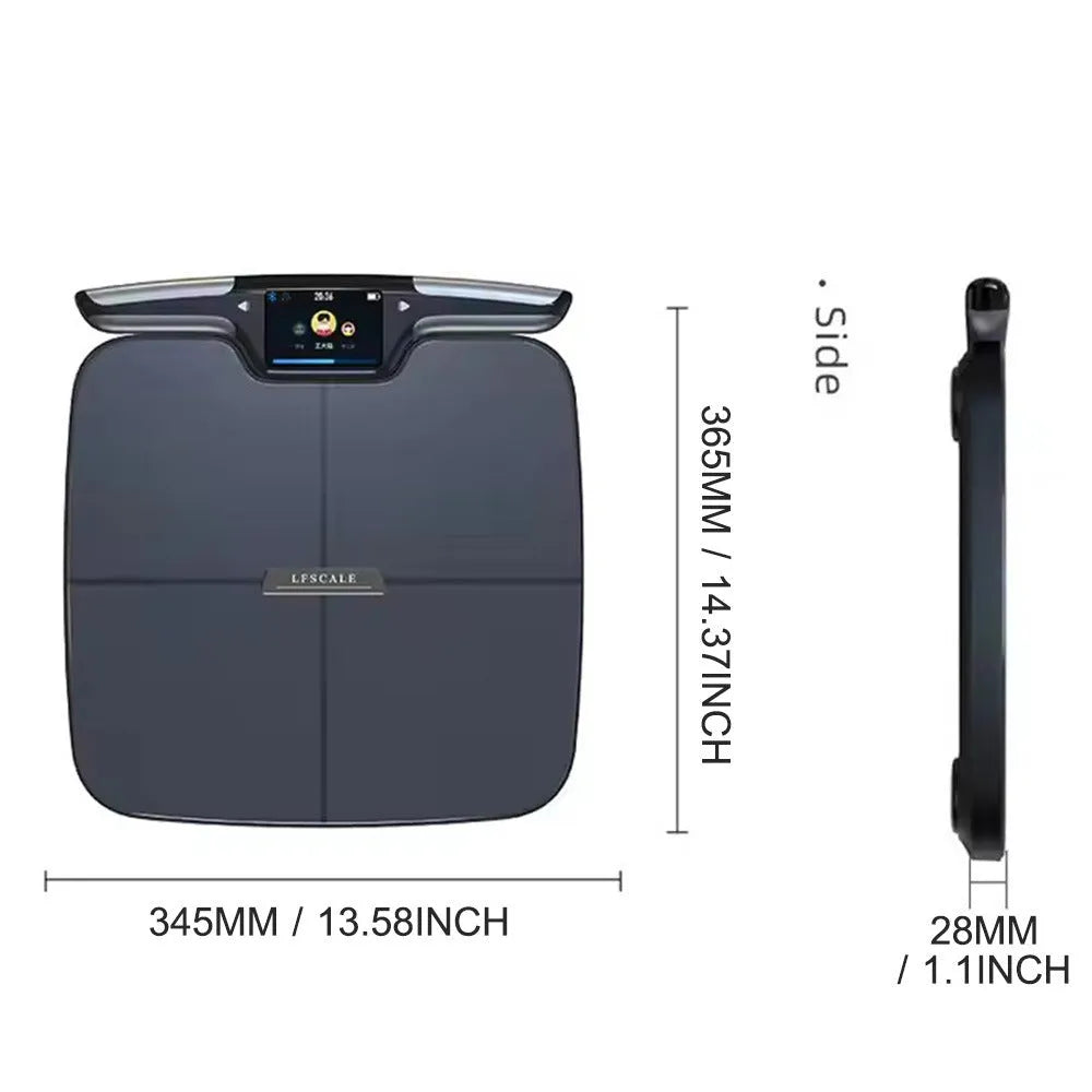Black eight-electrode body fat and weight scale on a bathroom floor