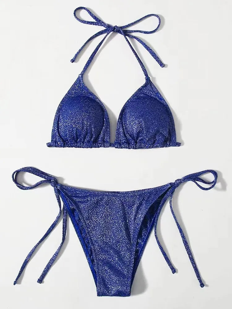 Women's bandage-style bikini swimsuit in black, shown as a two-piece set.