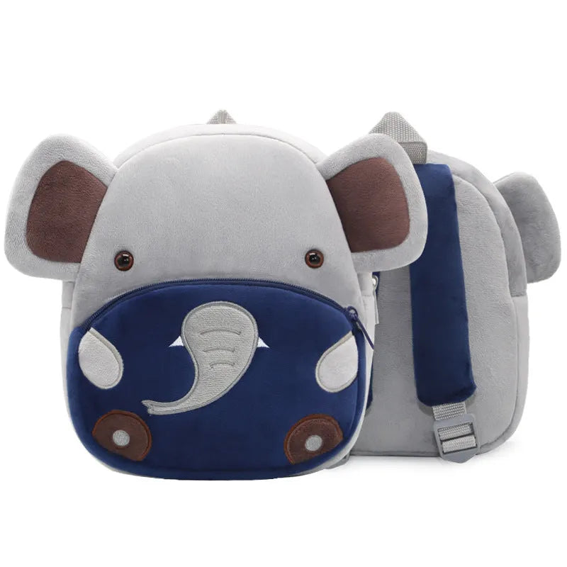 Plush animal backpack for children with zipper closure measuring 26x24x10cm