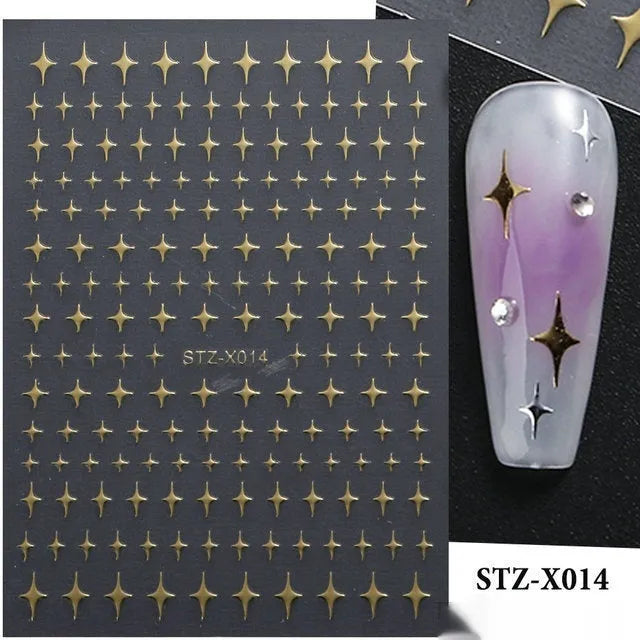 Pack of black and silver strip nail art stickers with cartoon and love pattern designs.