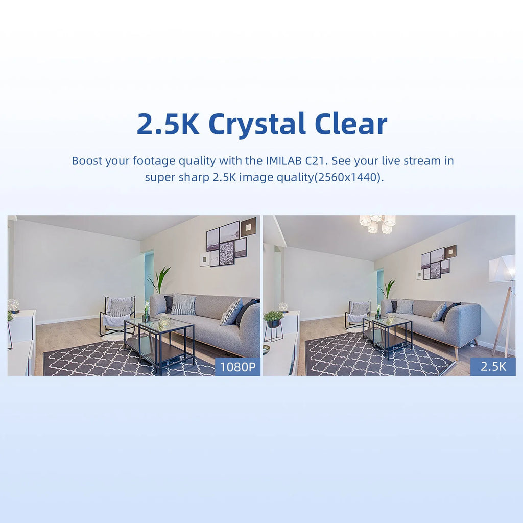 IMILAB C21 white indoor security camera with 2.5K resolution and 360 degree view on a shelf