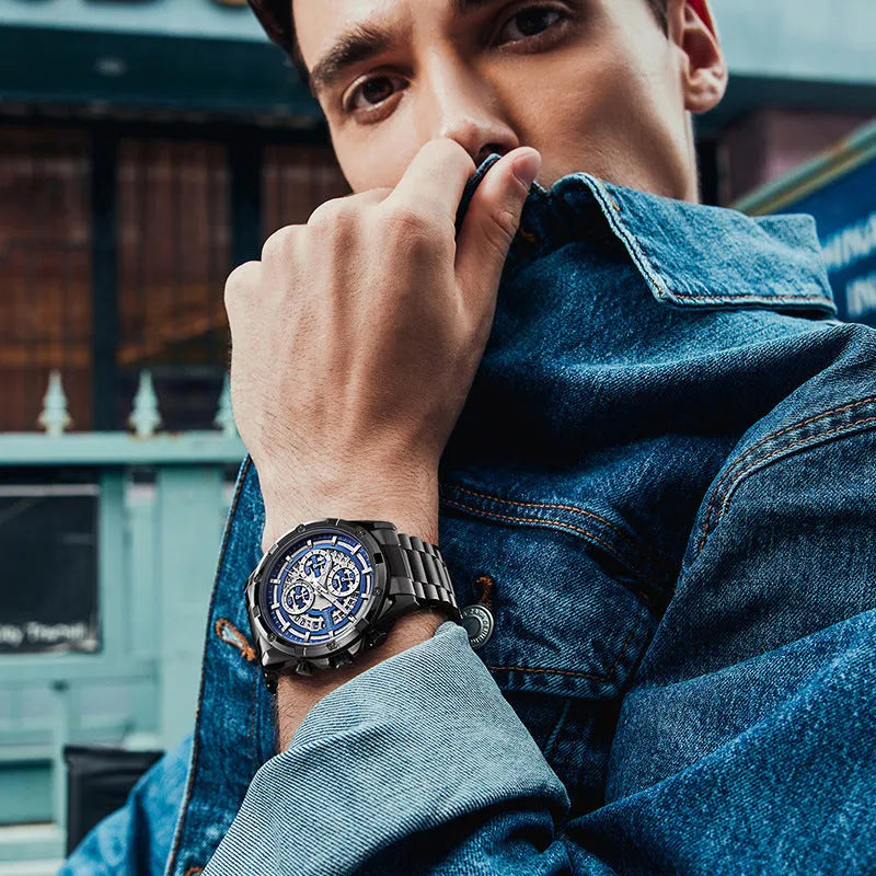 Men's waterproof luminous quartz watch with steel belt in black and blue, black and gold, or silver and white colour options