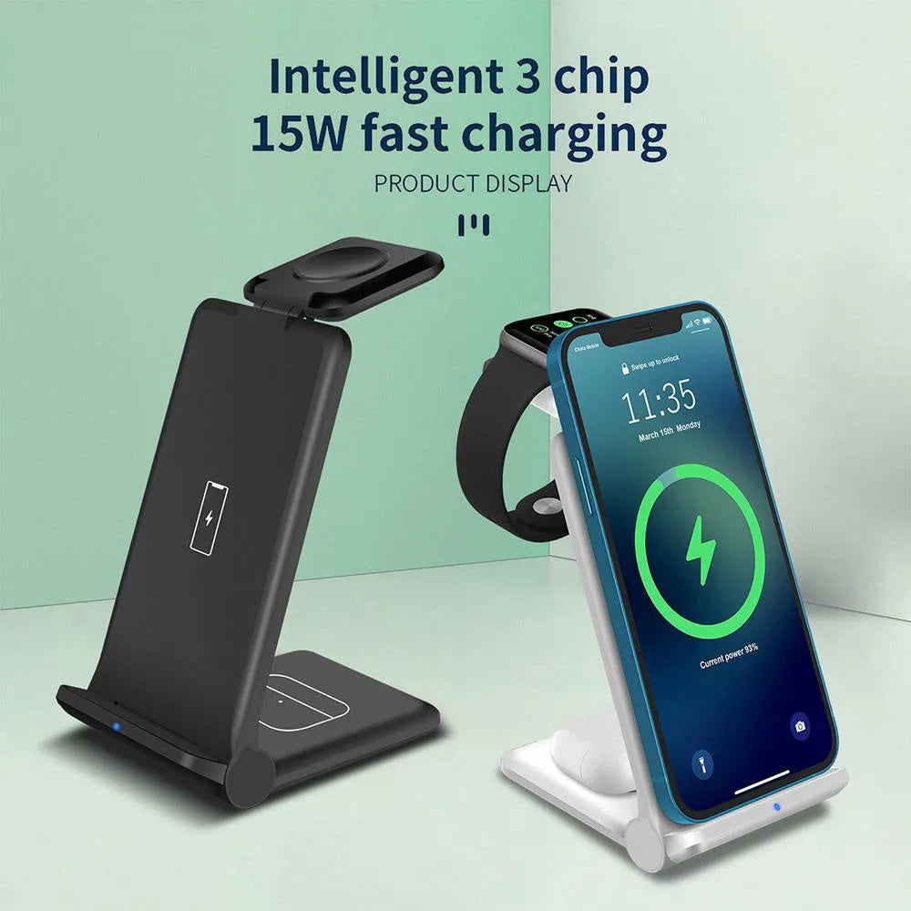 White 3-in-1 wireless charging station dock for phone, Apple Watch and AirPods with foldable design.