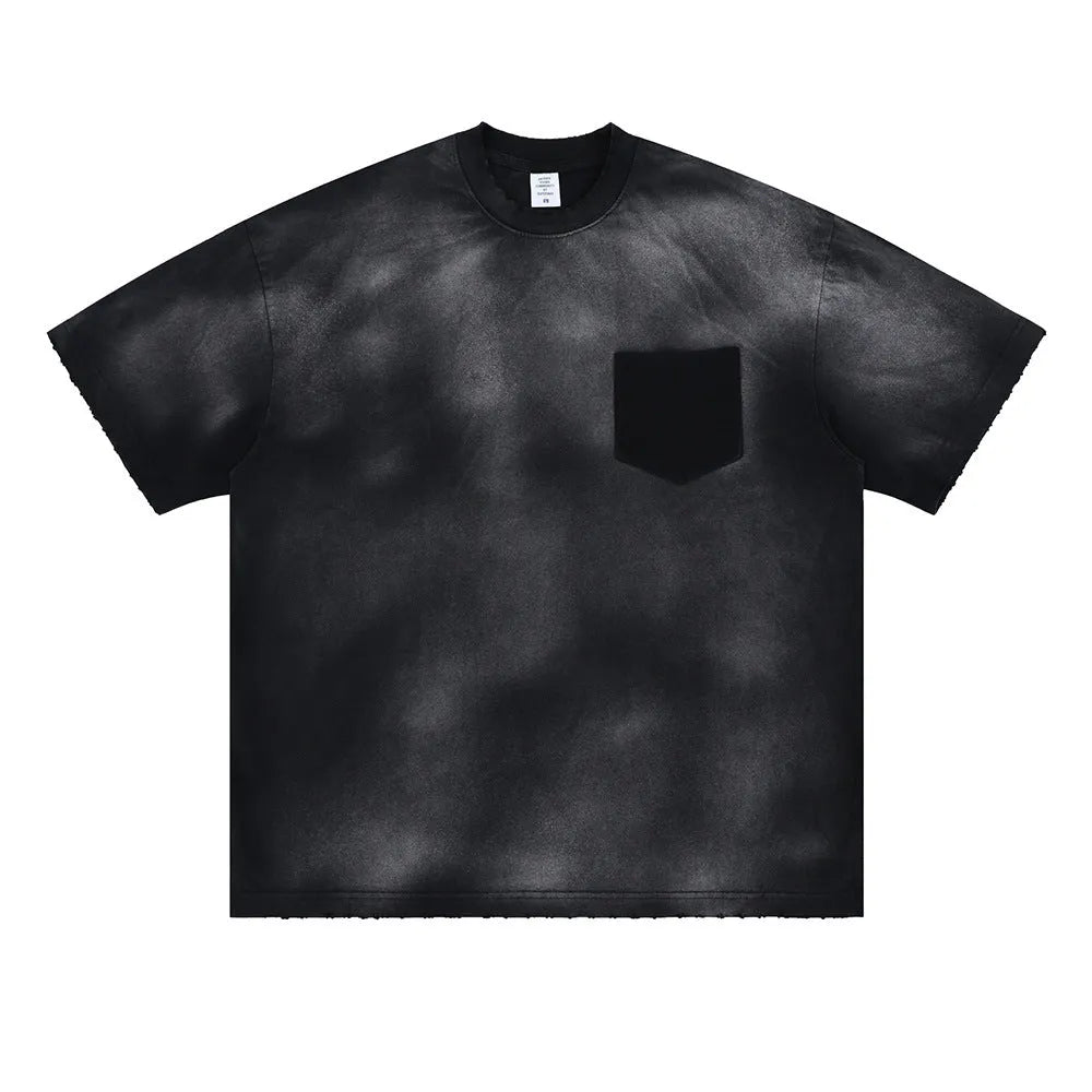 Black men's loose fit cotton t-shirt with printed letter pattern and drop-shoulder sleeves