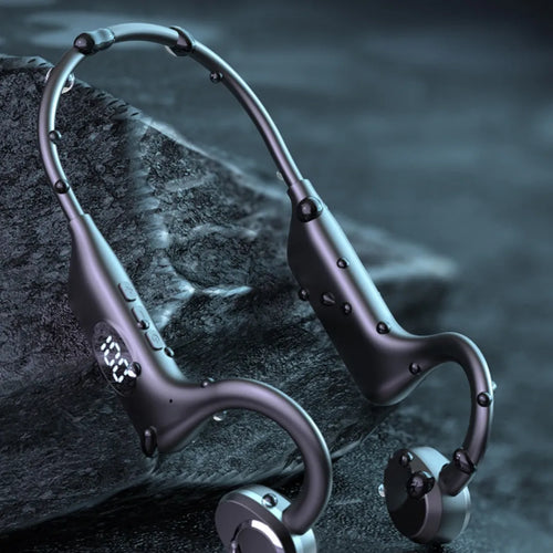 Bluetooth non in-ear sports conduction headset in Black Ultimate Edition with silicone ear hook and digital display
