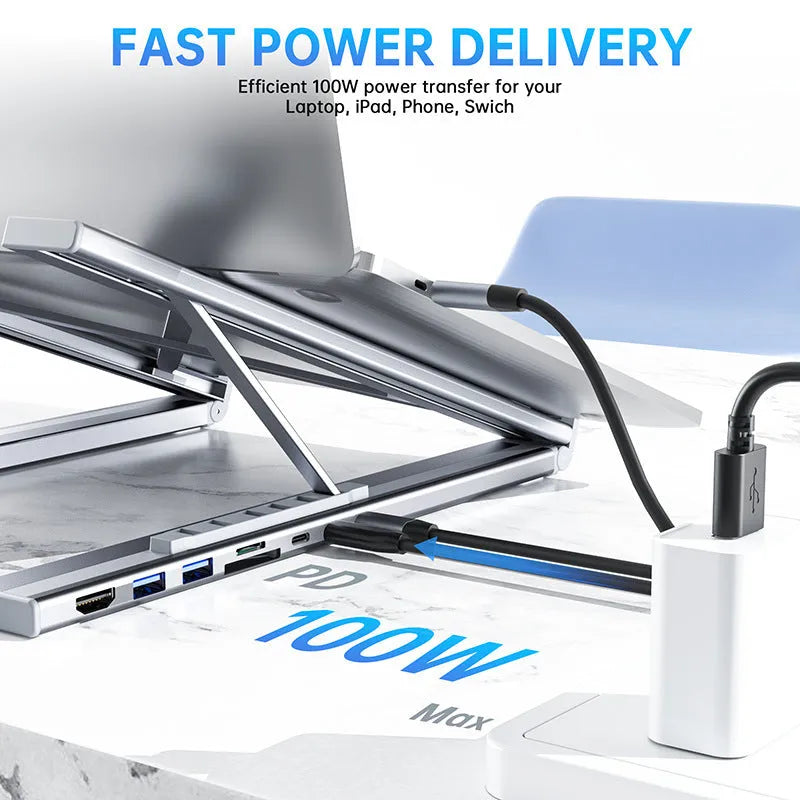 Aluminium alloy folding laptop docking station stand with multi-port HUB in 8-in-1 colour.
