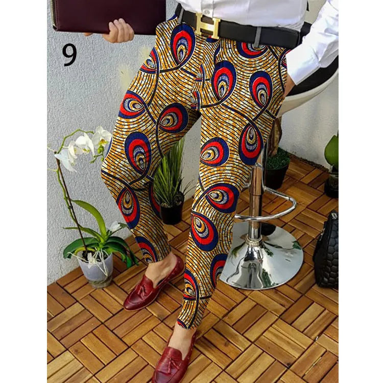 Men's slim-fit plaid casual trousers in polyester elastic fabric with straight leg cut and zip fly closure