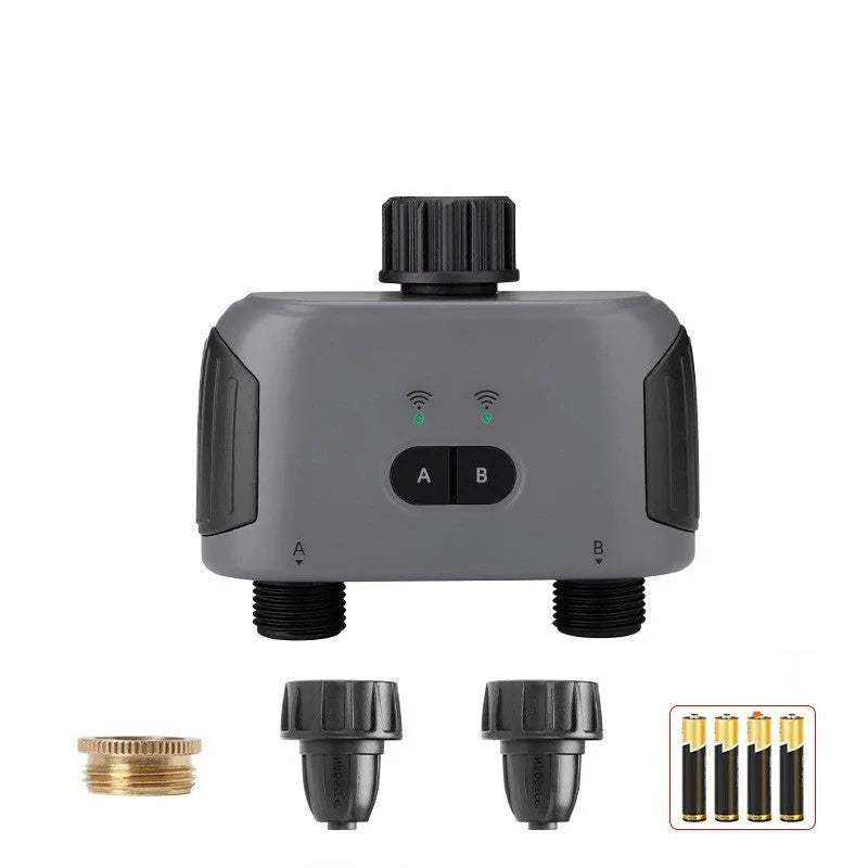 Bluetooth dual watering controller for remote mobile phone irrigation with display and hose connections