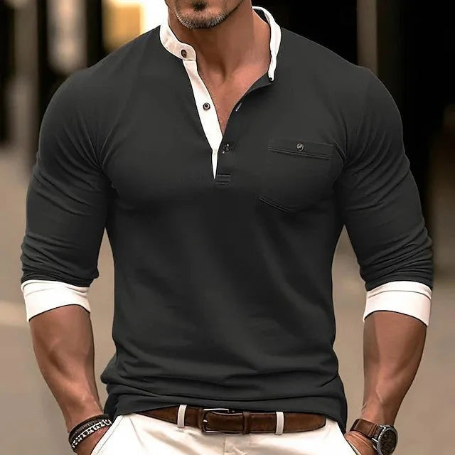 Man wearing a solid colour long sleeve cotton T-shirt in a casual style.