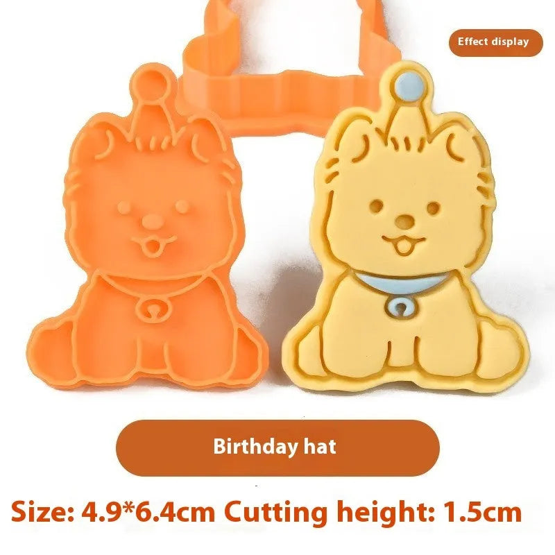 Plastic cartoon biscuit mould for 3D puppy-shaped treats with seven decorative designs