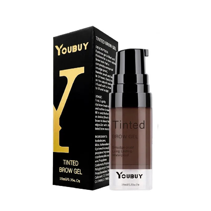 Waterproof brow cream tube in dark grey and golden yellow colours for eyebrow definition