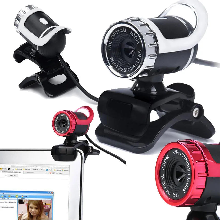 Computer video USB camera with built-in sound-absorbing microphone in black and silver, 640x480 resolution, glass lens, 140cm cable