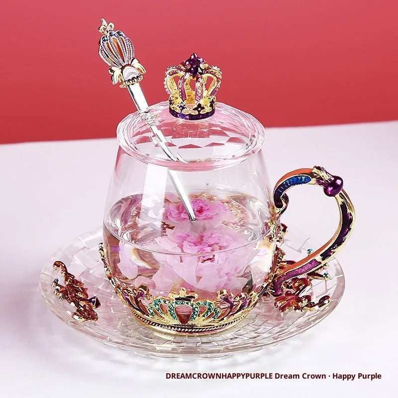 Round heat-resistant glass tea cup with enamel spoon, lid, and plate in solid colour, short cup style