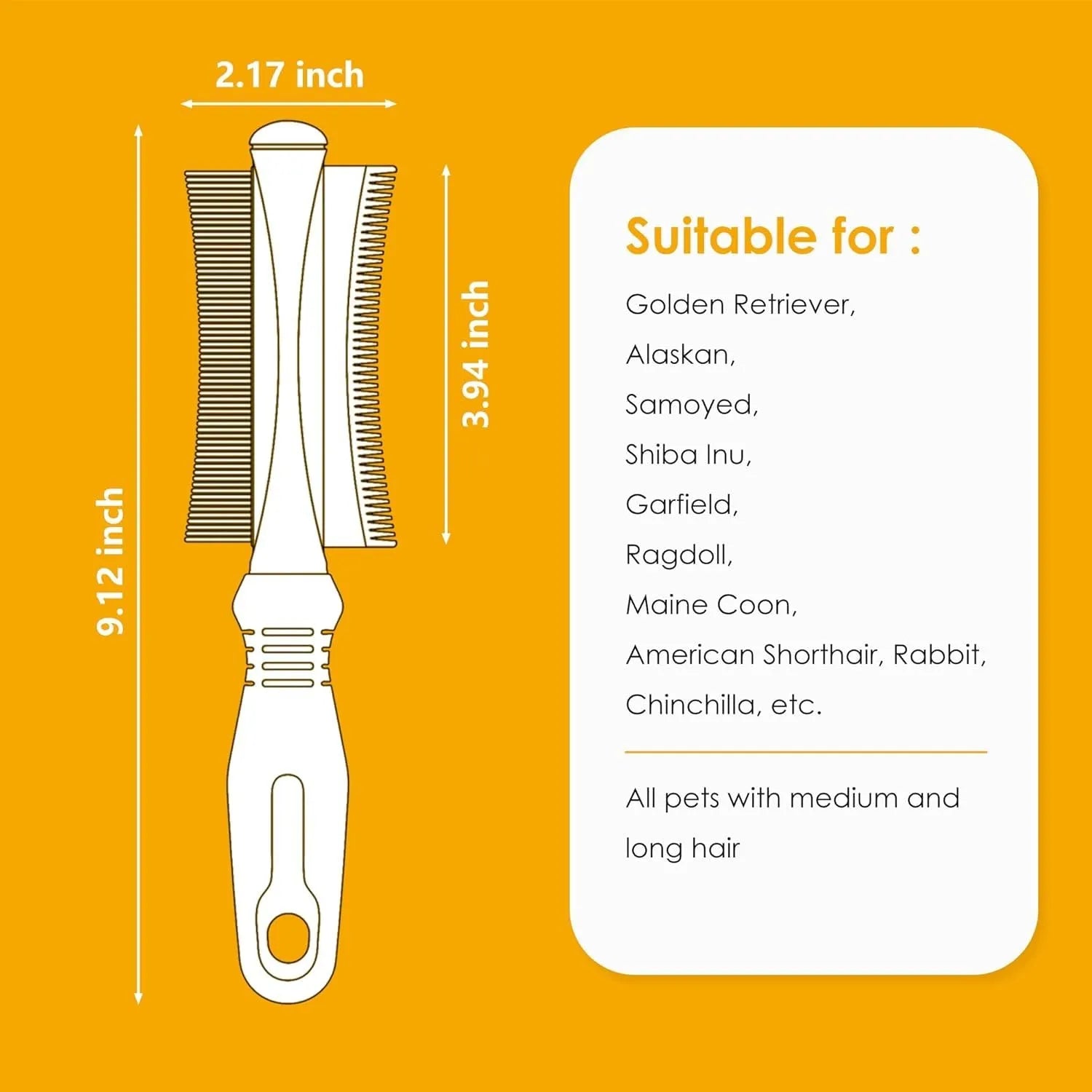 White double-sided pet grooming brush with curved comb and deshedder on an ergonomic anti-slip handle