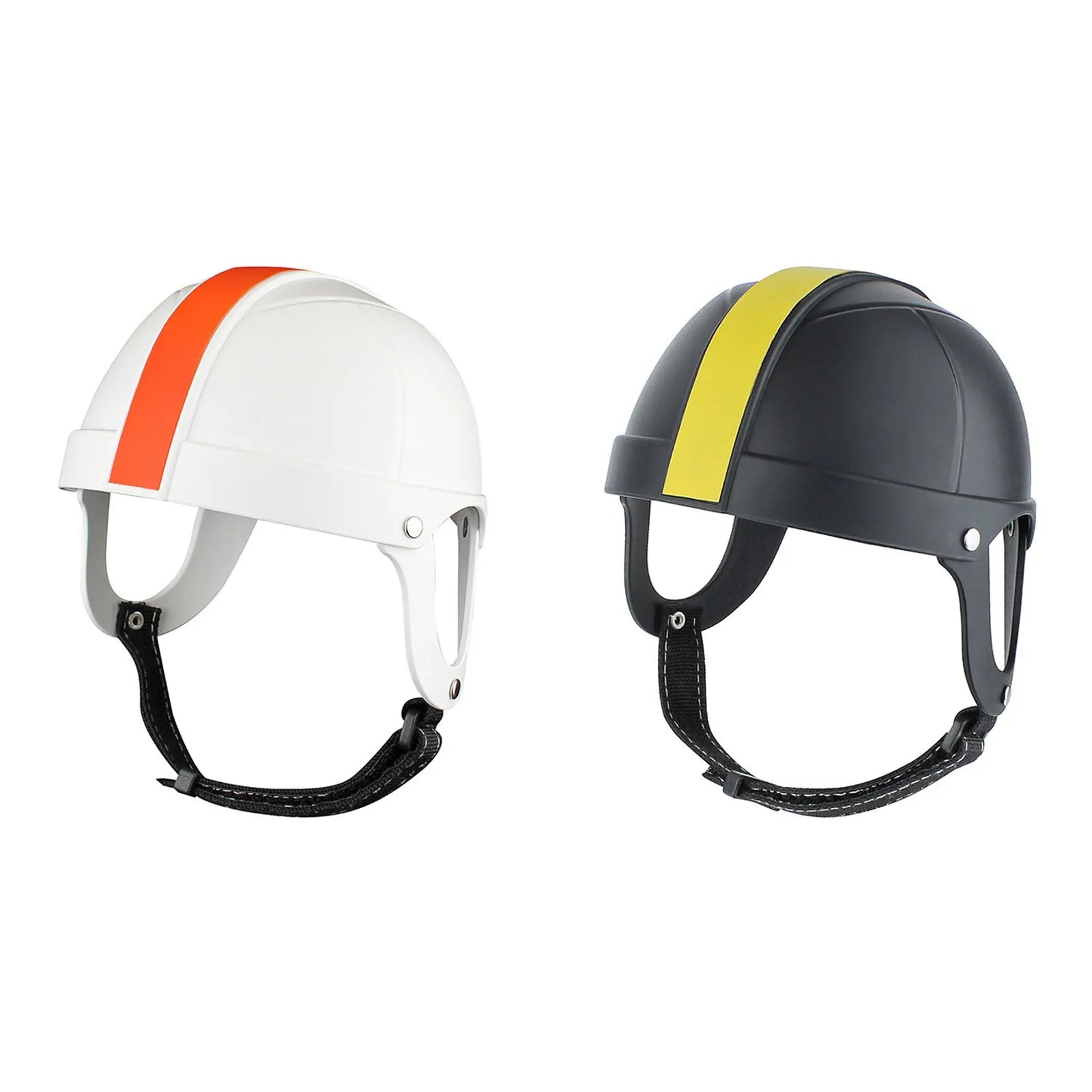 Pet motorcycle safety helmet in white orange and black & yellow colours, showing ABS shell and cotton lining.