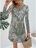 Women's casual paisley print V-neck long sleeve polyester pullover dress in mid-waist style.