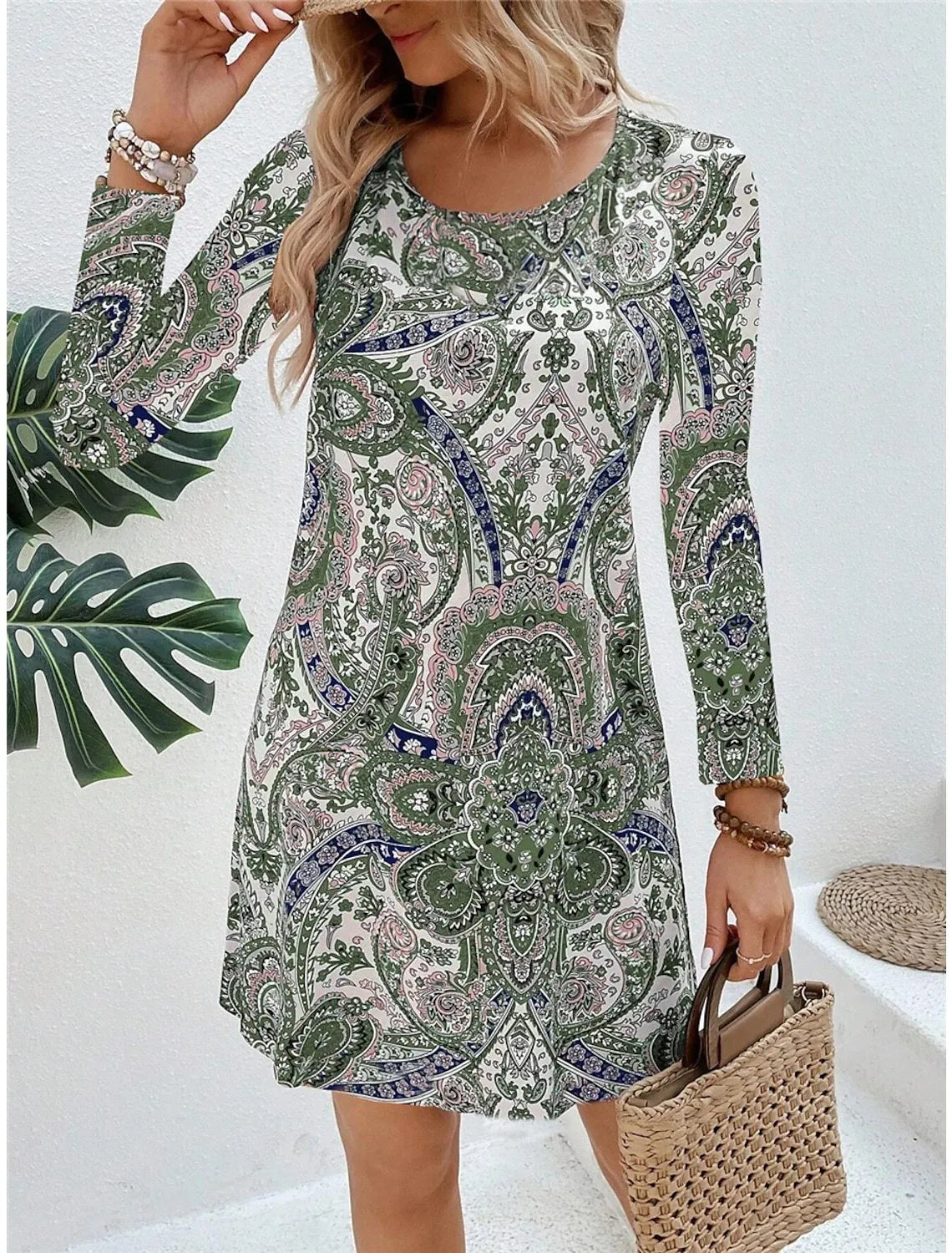 Women's casual paisley print V-neck long sleeve polyester pullover dress in mid-waist style.
