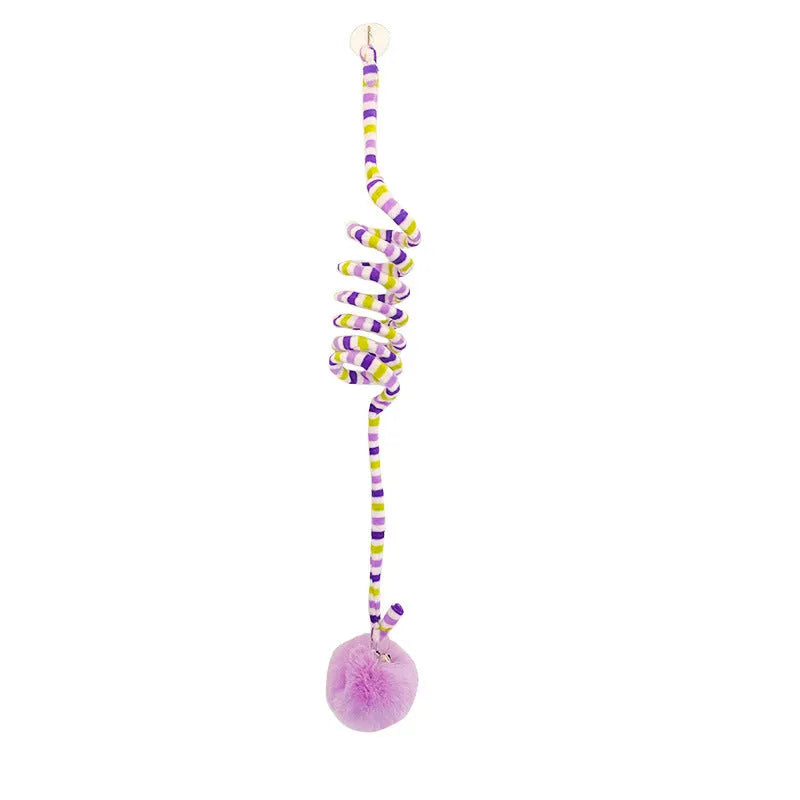 Hanging cat toy with suction cup, spring-mounted bell stick, and inflatable ball in multiple colour options