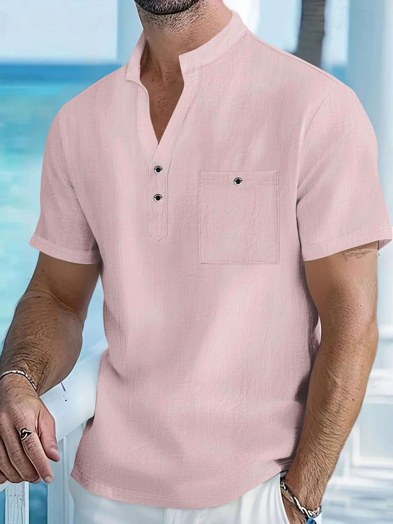 Men's linen short sleeve shirt with stand collar in light blue colour