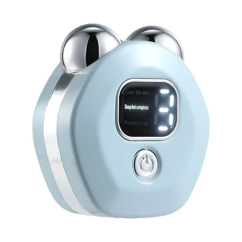 Portable white micro current facial massage instrument with double-roller head and USB charging cable.
