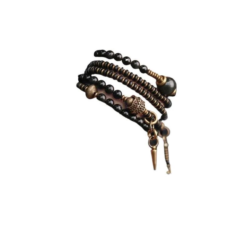 Black multi-layered beaded bracelet with geometric shape and natural retro styling