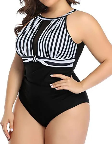 Women's black, red flower, and striped polyester lace one-piece swimsuit for European and American sizing.