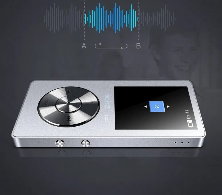 Gold, silver, or black metal portable MP3 player with a 1.8-inch screen showing a music menu.
