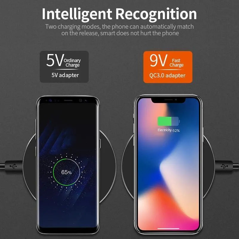 Ultra-thin black square wireless charging pad with 9V fast charging support