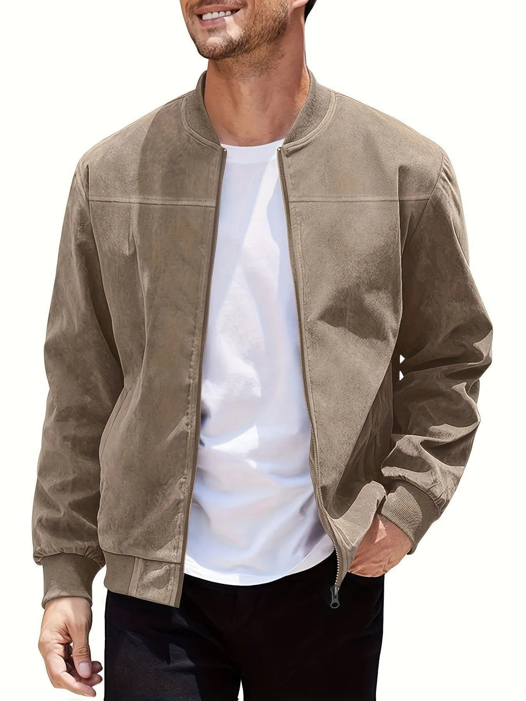 Men's plus size suede casual zip-up jacket in army green on a hanger.