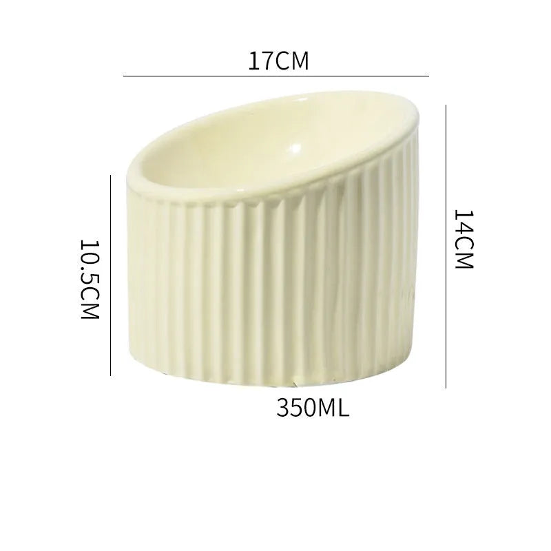 Ceramic elevated cat bowl in green colour with tilted design for anti-vomit feeding