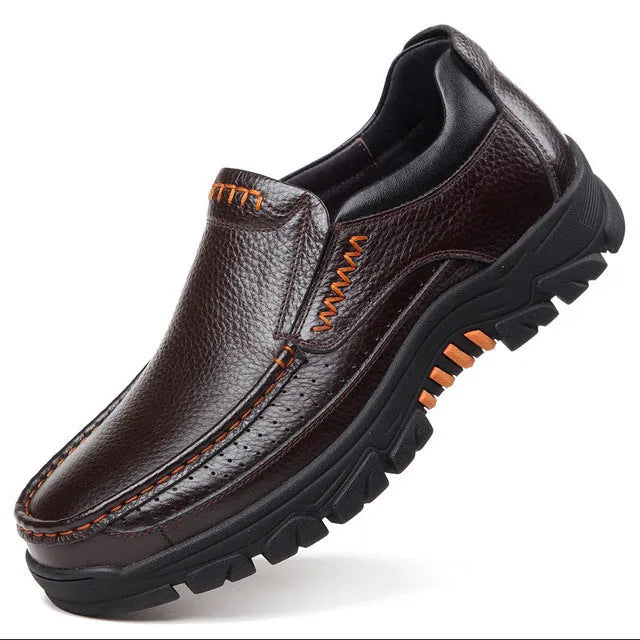 Men's black business casual leather slip-on shoes with rubber sole for office wear